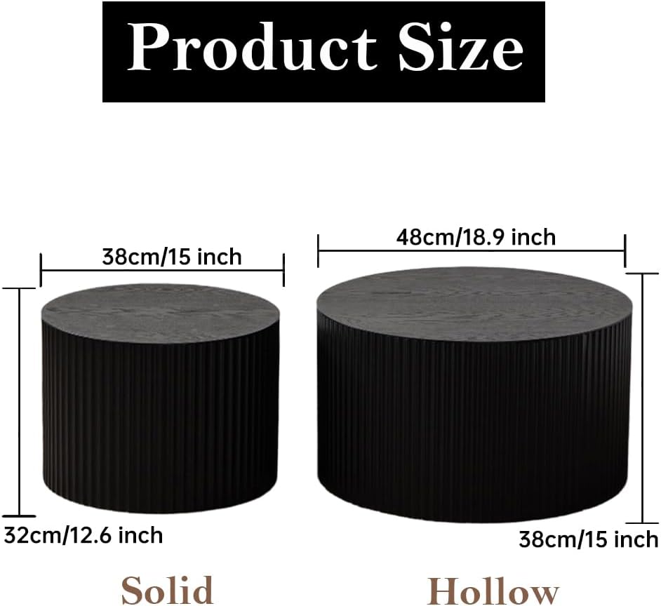 Round Nesting Coffee Table Set of 2 Modern Black Fluted Coffee Table Small Round End Table Side