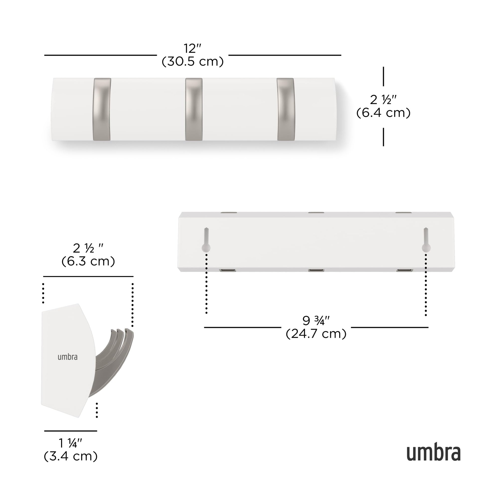 Umbra Flip Coat Rack, Wall Mount Retractable Hooks, 3-Hook, White/Nickel
