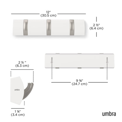 Umbra Flip Coat Rack, Wall Mount Retractable Hooks, 3-Hook, White/Nickel