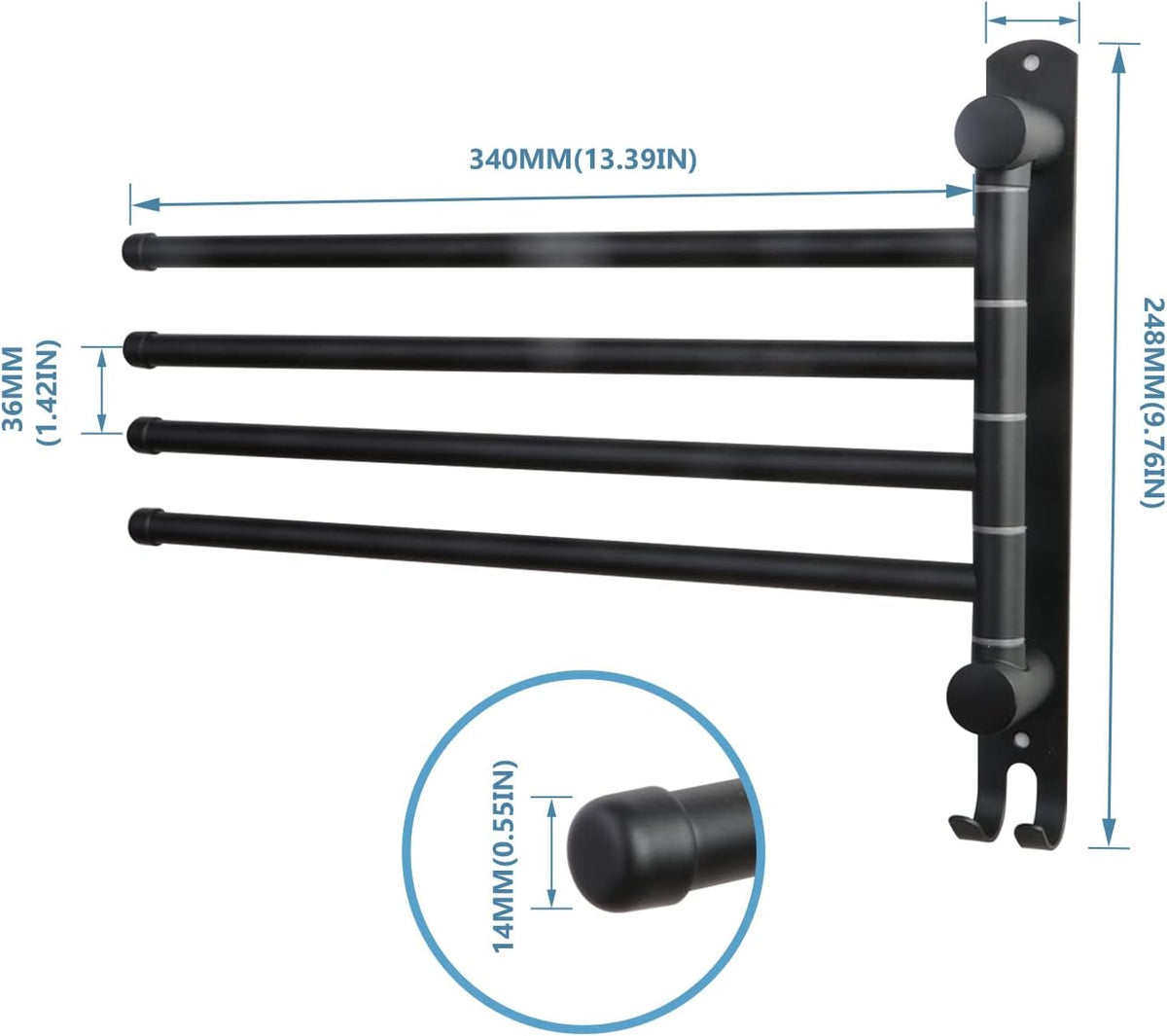 Black Towel Rack JSVER Swivel Towel Rack Wall Mounted, SUS304 Stainless Steel Towel Bar, 4 Arms