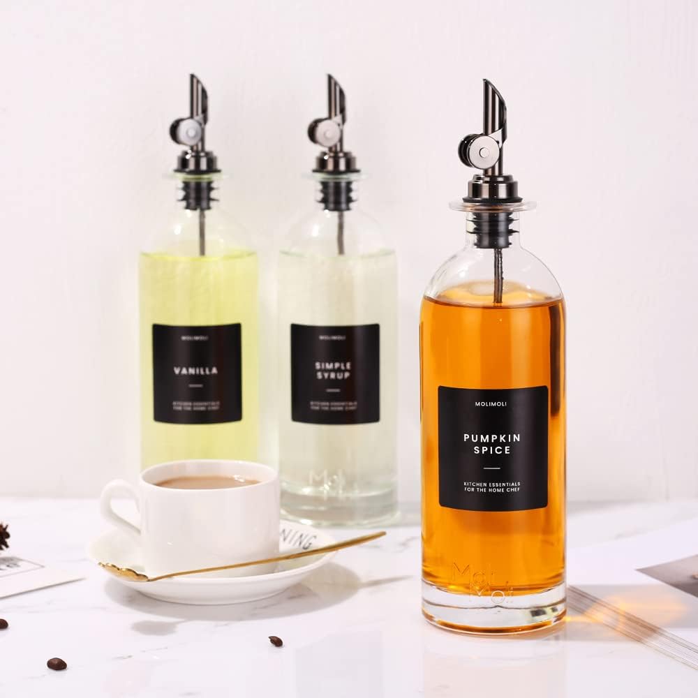 Molimoli Oil and Vinegar Dispenser with Metal Pour Spout, Weighted Pourer, Glass Bottle Dispenser