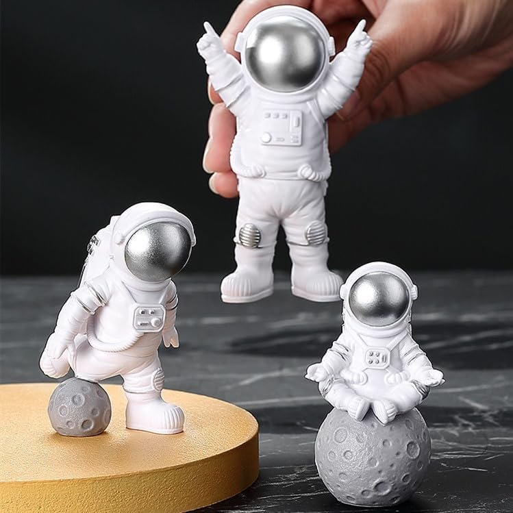 4 Pcs Silver White Astronaut Statues Set, Spaceman Sculpture Figurines Home Ornament Cake Toppers
