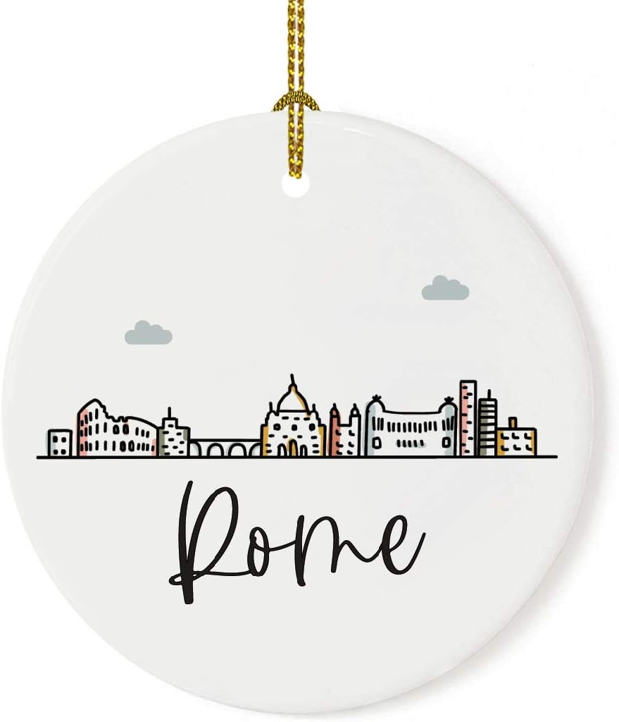 Andaz Press Round Ceramic Porcelain Christmas Tree Ornament Keepsake Gift, Rome, Colorful