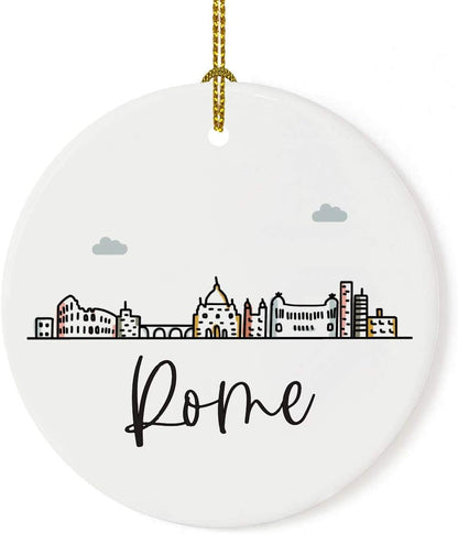 Andaz Press Round Ceramic Porcelain Christmas Tree Ornament Keepsake Gift, Rome, Colorful