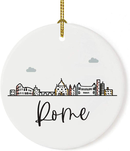 Andaz Press Round Ceramic Porcelain Christmas Tree Ornament Keepsake Gift, Rome, Colorful