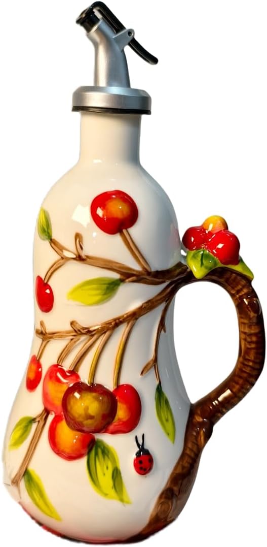 18 Oz Hand Painted Relief Ceramic Olive Oil Bottle Dispenser for Kitchen, Oil and Vinegar Bottle