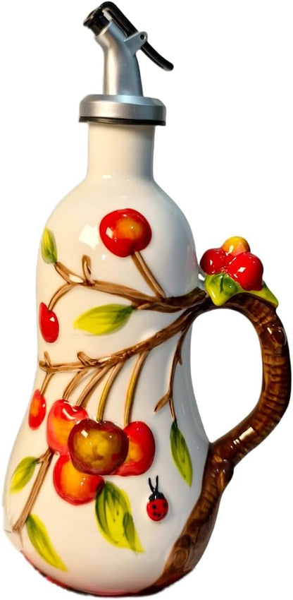 18 Oz Hand Painted Relief Ceramic Olive Oil Bottle Dispenser for Kitchen, Oil and Vinegar Bottle