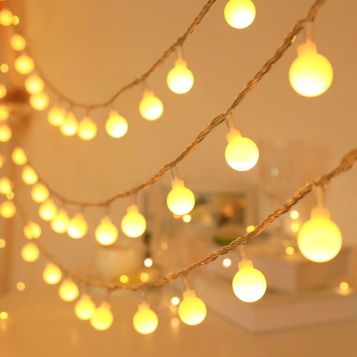 Globe String Lights for Bedroom, 49 Feet 100 LED Fairy Lights Plug in, 8 Modes Warm White Christmas