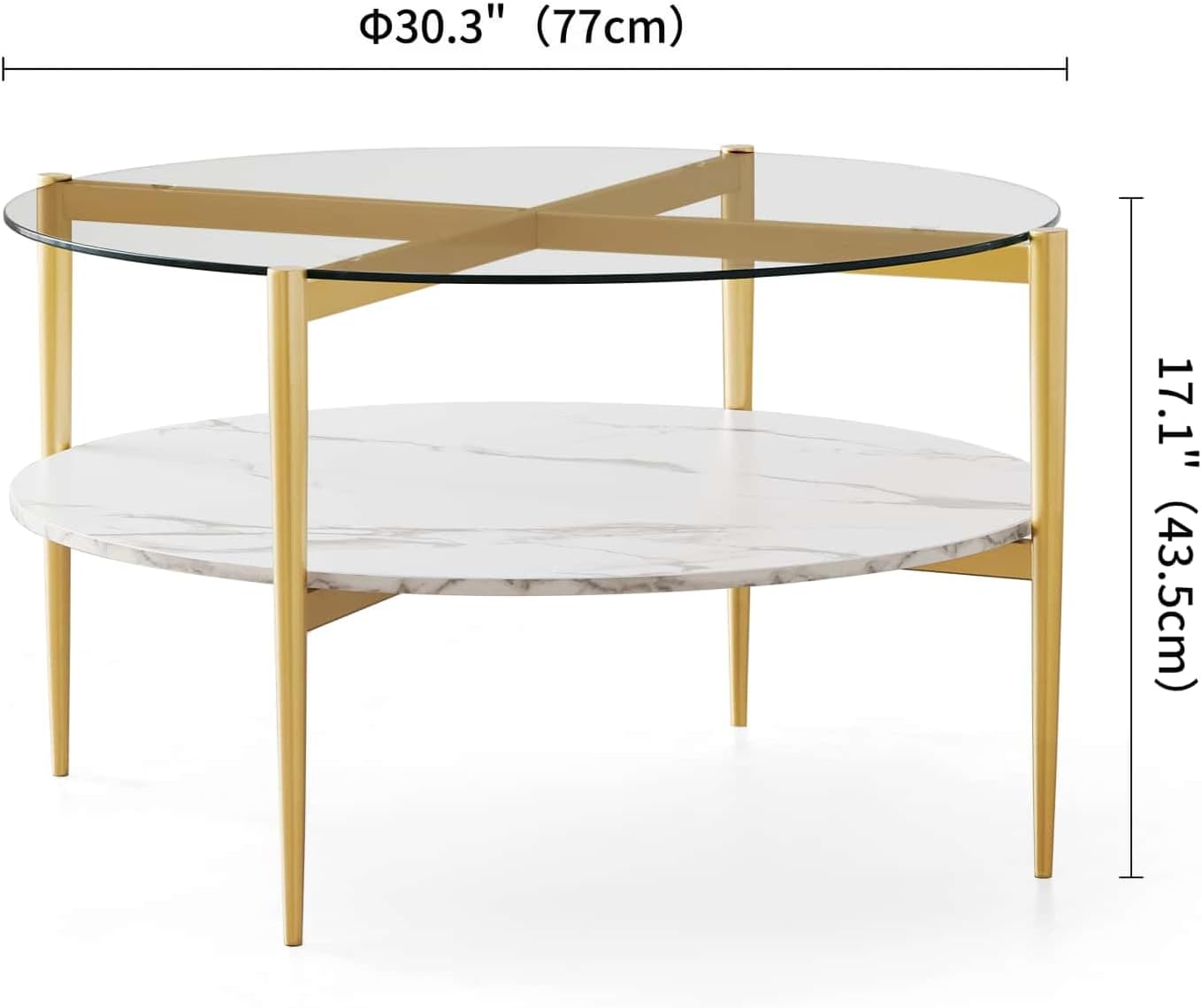 Round Coffee Table for Living Room, Mid-Century Modern Design, D30 x H17, 2-Tier Structure, Clear