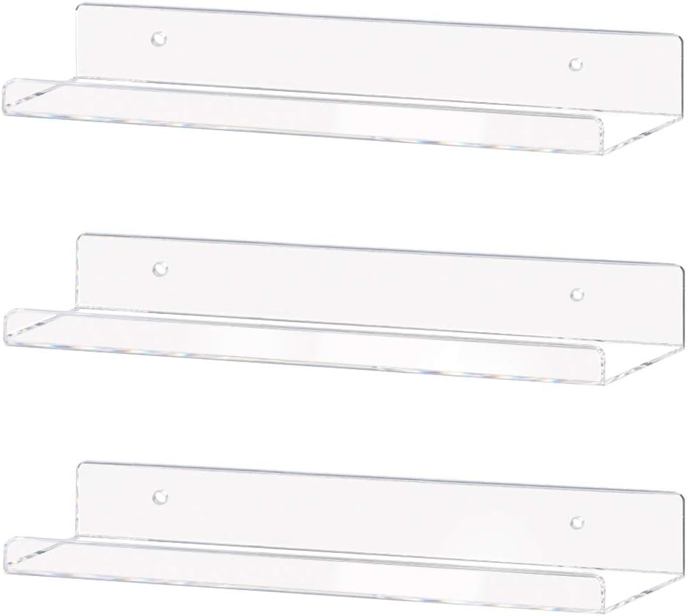 Weiai Clear Acrylic Shelf 15" Invisible Floating Wall Ledge Bookshelf, Kids Book Display Shelves
