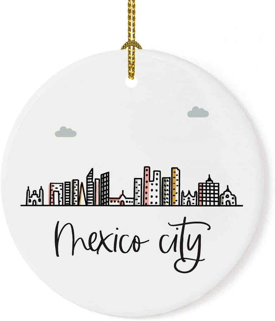 Andaz Press Round Ceramic Porcelain Christmas Tree Ornament Keepsake Gift, Mexico City, Colorful