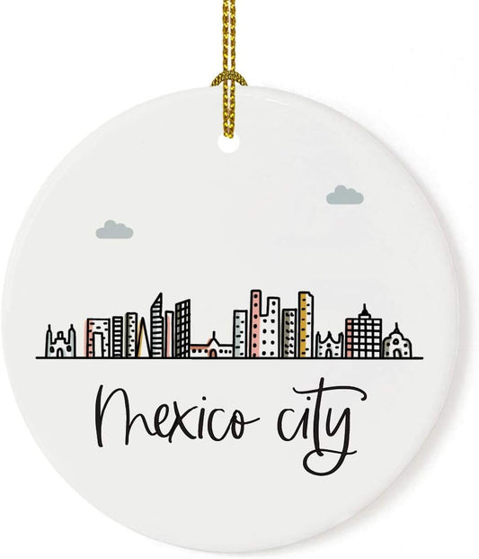 Andaz Press Round Ceramic Porcelain Christmas Tree Ornament Keepsake Gift, Mexico City, Colorful