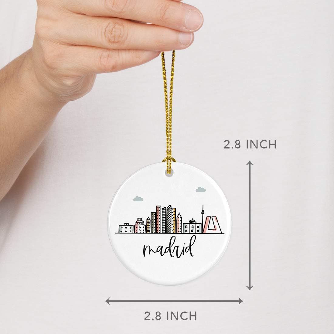 Andaz Press Round Ceramic Porcelain Christmas Tree Ornament Keepsake Gift, Madrid, Colorful