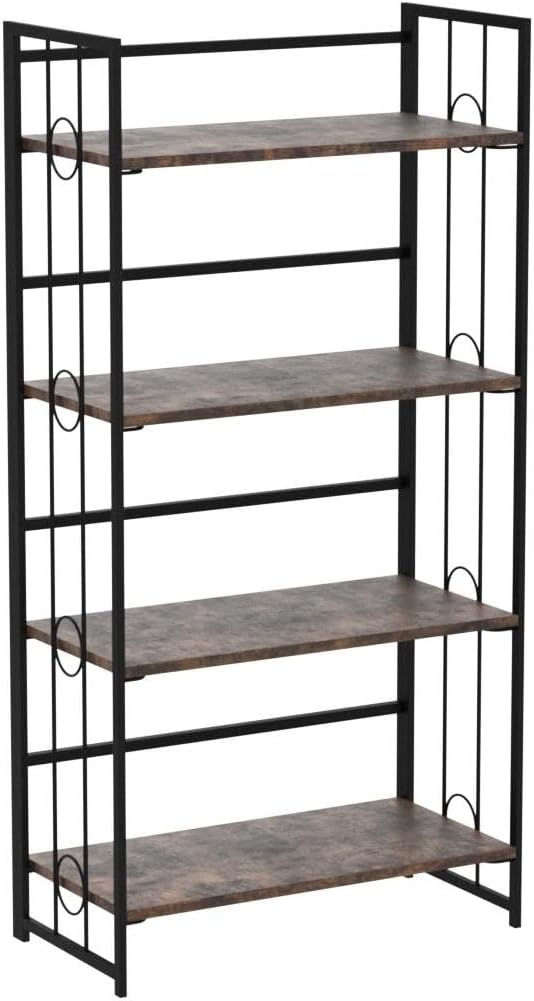 4NM No Assembly 4 Tiers Folding Bookshelf, 47.2" H Foldable Storage Shelves Vintage Bookcase