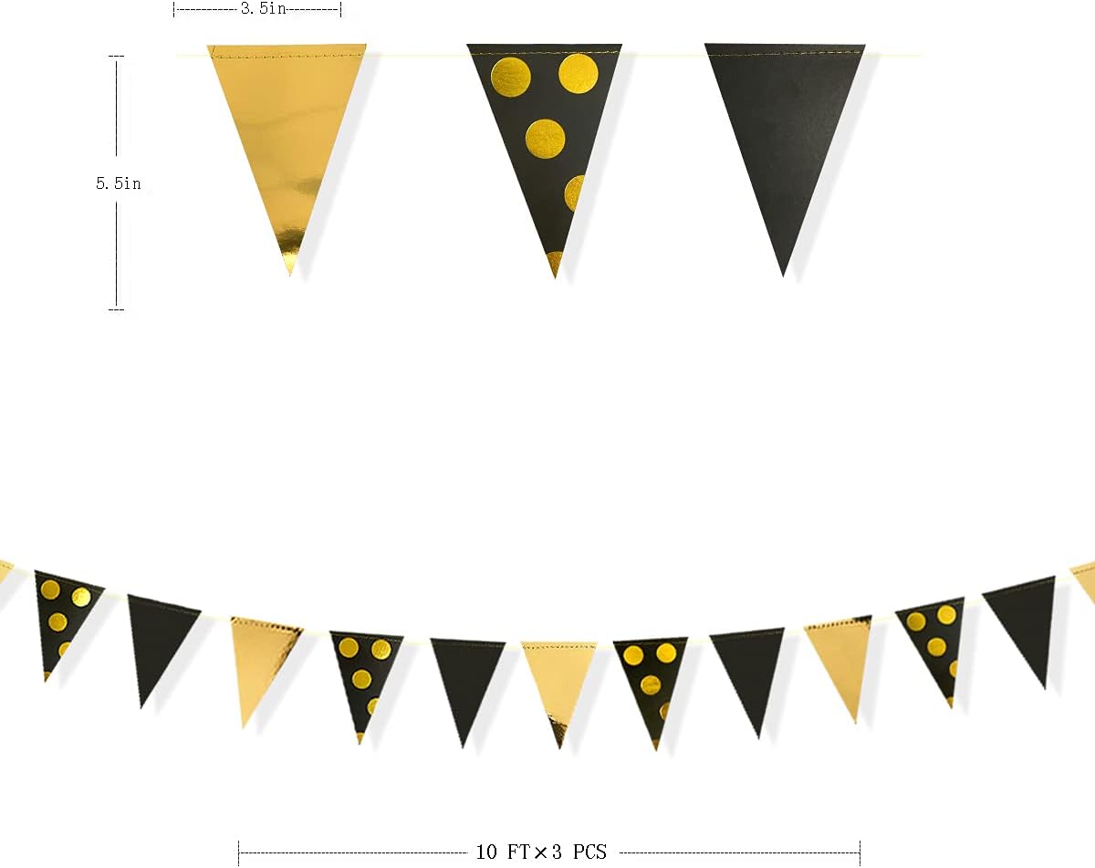 30Ft Black Gold Party Decorations Polka Dot Pennant Banner Paper Circle Dot Triangle Flags Bunting