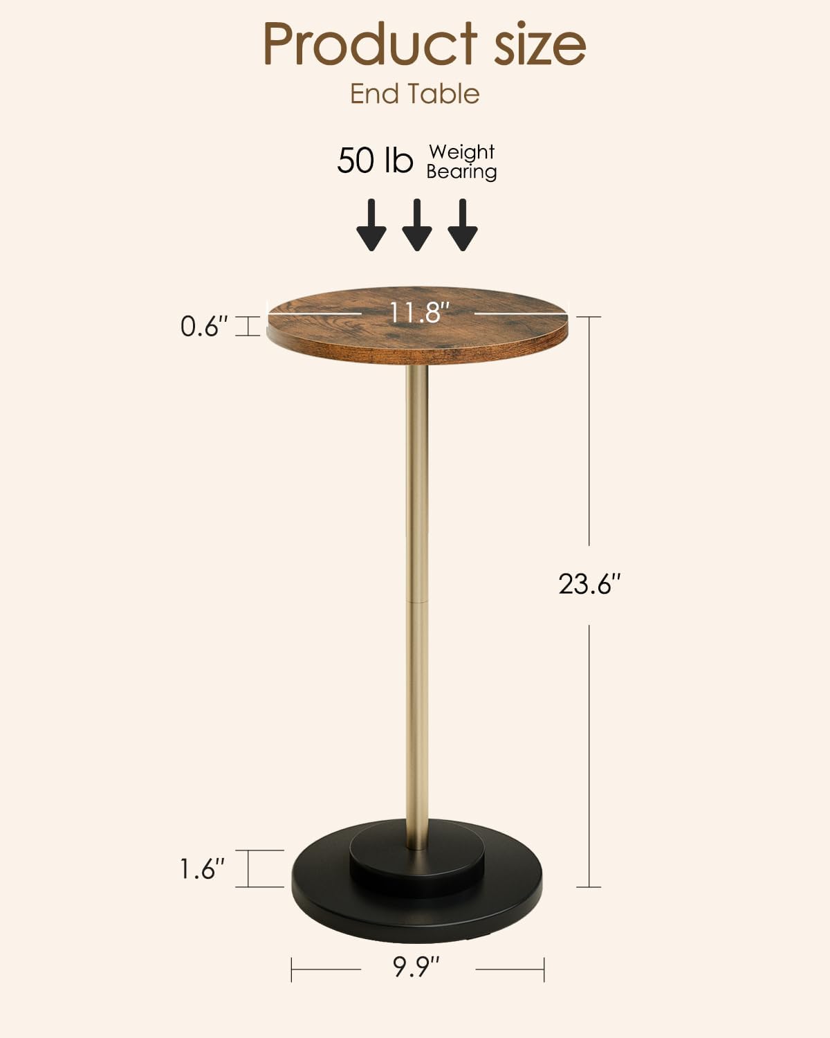 Masupu Drink Table, Round Side Table for Small Spaces, Pedestal Small End Table with Metal Base