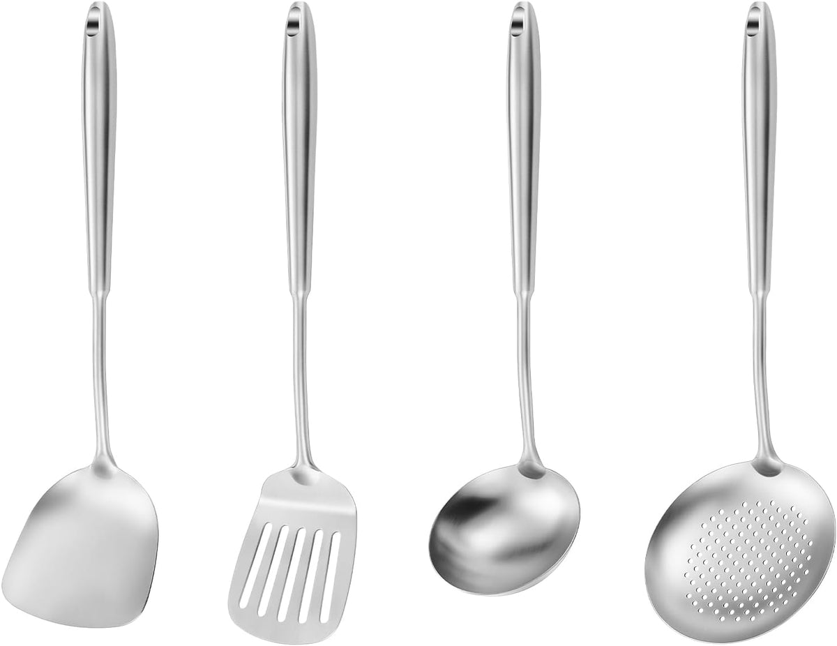 15" Wok Spatula and Ladle,Skimmer Spoon, Slotted Turner Spatula,304 Stainlss Steel Matte Kitchen