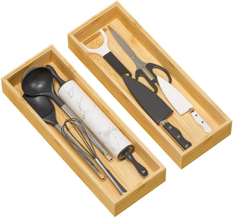 Kitchen Drawer Organizer Tray, Stackable Bamboo Deep Drawer Organizer for Large Silverware