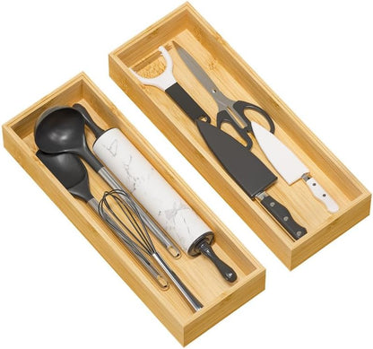 Kitchen Drawer Organizer Tray, Stackable Bamboo Deep Drawer Organizer for Large Silverware