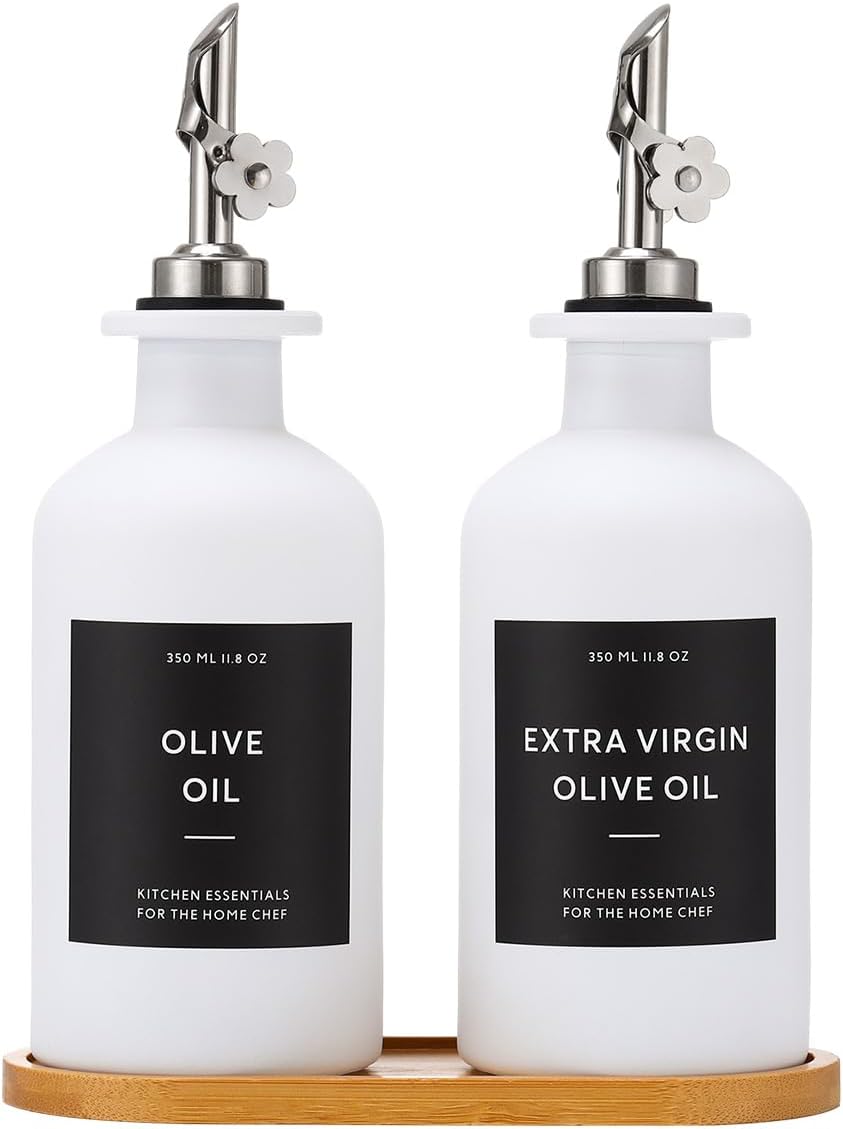 HOMCDALY Olive Oil Dispenser for Kitchen, 11.8oz Glass kitchen Dispenser Bottle, White Oil&Vinegar