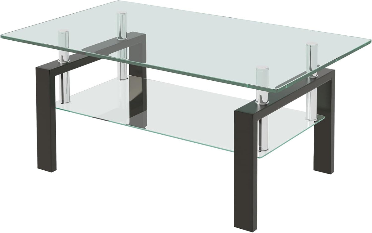 Glass Coffee Table Rectangle Living Room Center Table, with Tempered Glass Tabletop Black Metal