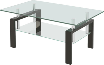 Glass Coffee Table Rectangle Living Room Center Table, with Tempered Glass Tabletop Black Metal