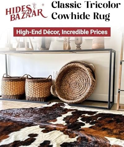 Tricolor Cowhide Rug Classic Brown, Black and White Color Mix, Natural Leather Hide, Area Rug