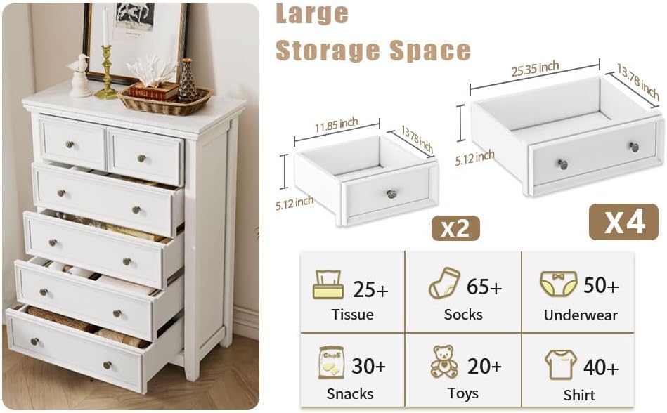 BLANKSPACE White Farmhouse Dresser, 6 Chest Drawer Dresser for Bedroom, Large Capacity Nightstand