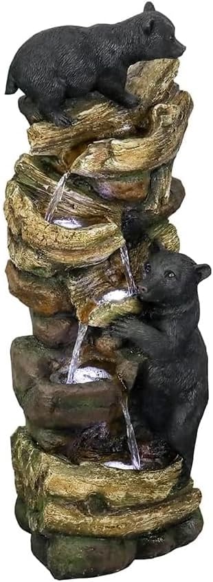 39.3 Inch 5 Tier Outdoor Garden Water Fountain Bears Climbing Tree Resin Fountain with LED Lights