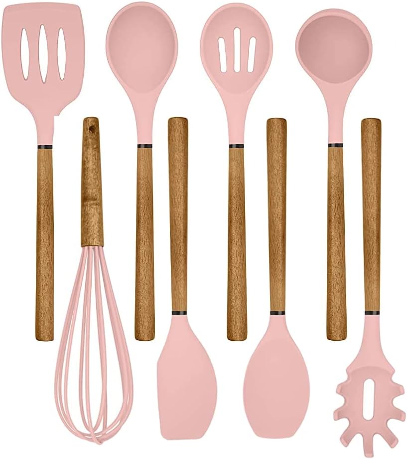 Country Kitchen Non Stick Silicone Utensil Set with Rounded Wood Handles for Cooking and Baking, 8
