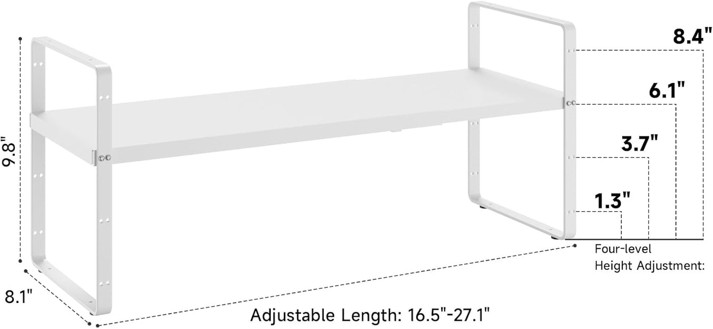 16.5~27.1" Expandable Shelf Organizer, 1Pack 8.1" Wide Stackable Cabinet Shelf Organizers, White