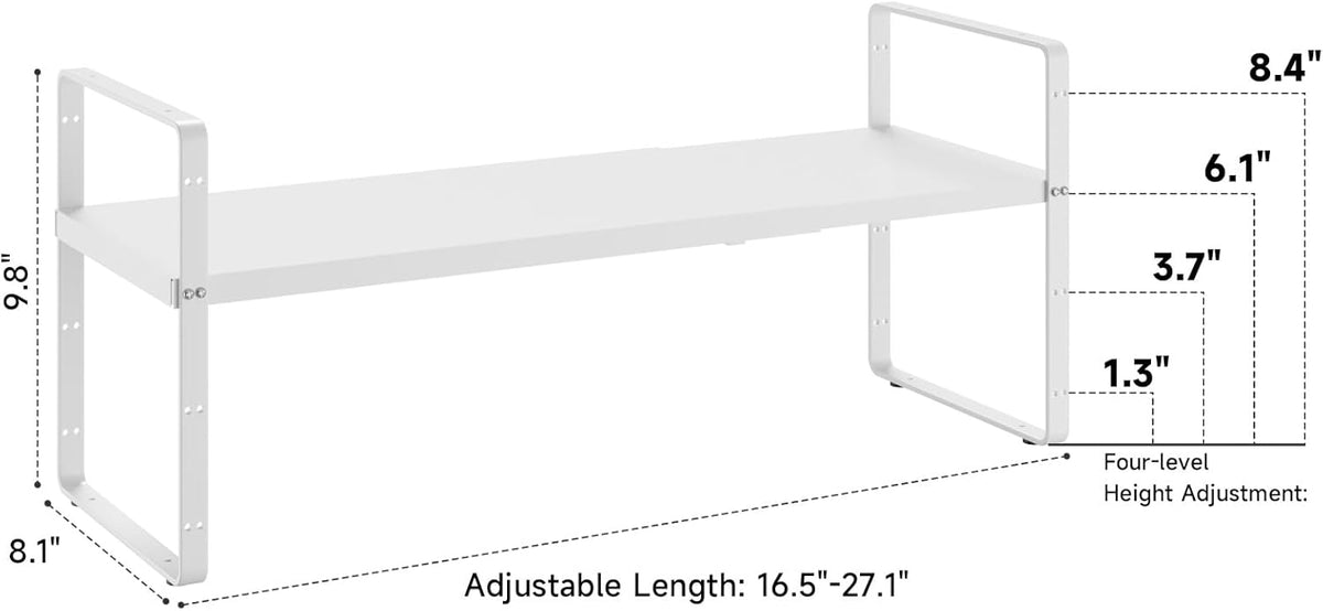 16.5~27.1" Expandable Shelf Organizer, 1Pack 8.1" Wide Stackable Cabinet Shelf Organizers, White