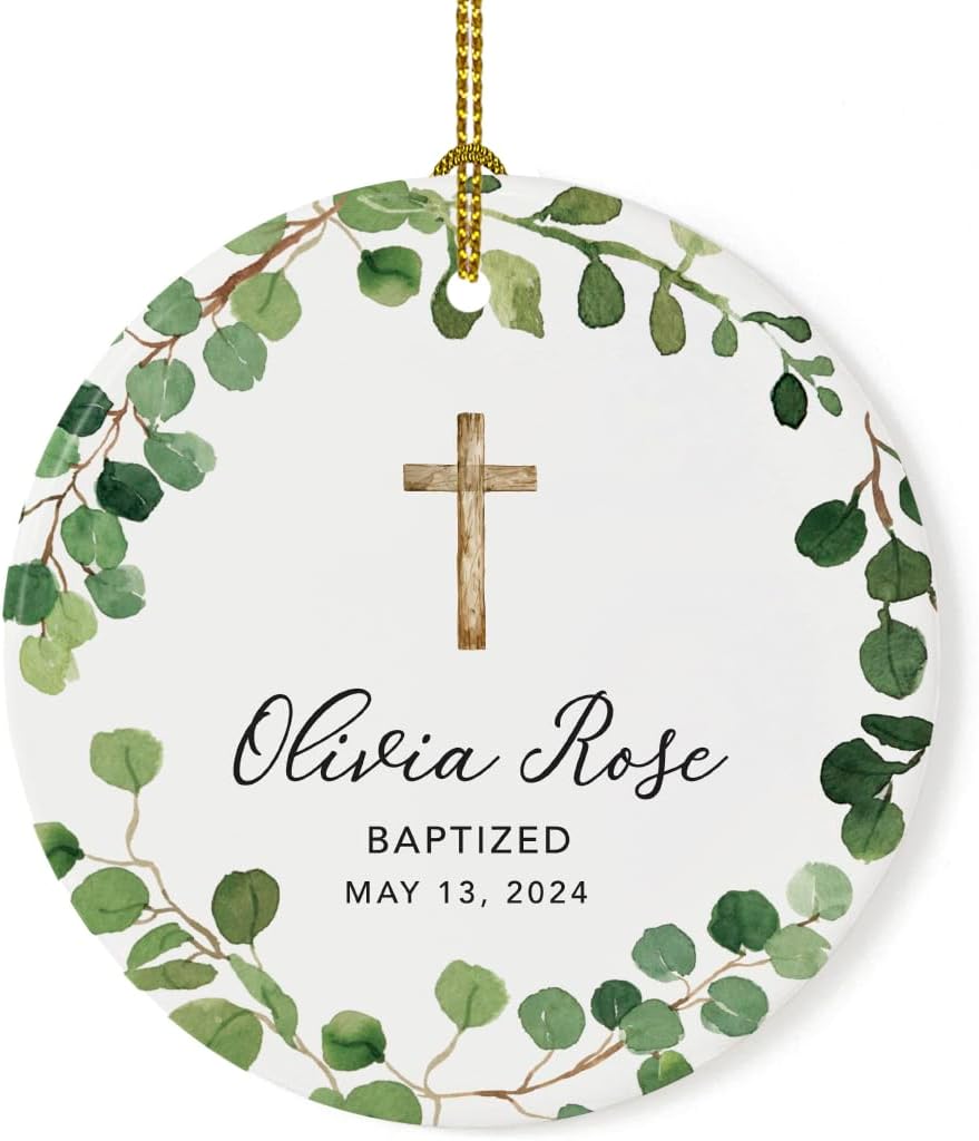 Andaz Press Personalized Baptism Ornament 2025, Round Ceramic Porcelain Baptism Christmas Ornament