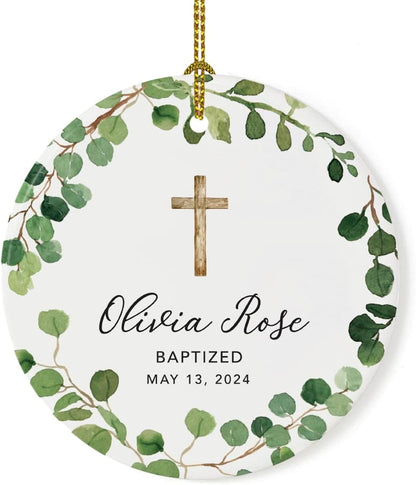 Andaz Press Personalized Baptism Ornament 2025, Round Ceramic Porcelain Baptism Christmas Ornament