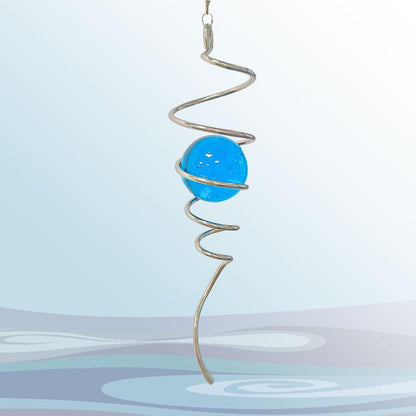 Gazing Ball Spiral Decorative Wind Spinner Tail with Blue Glass Orb,Wind Spinner Spiral