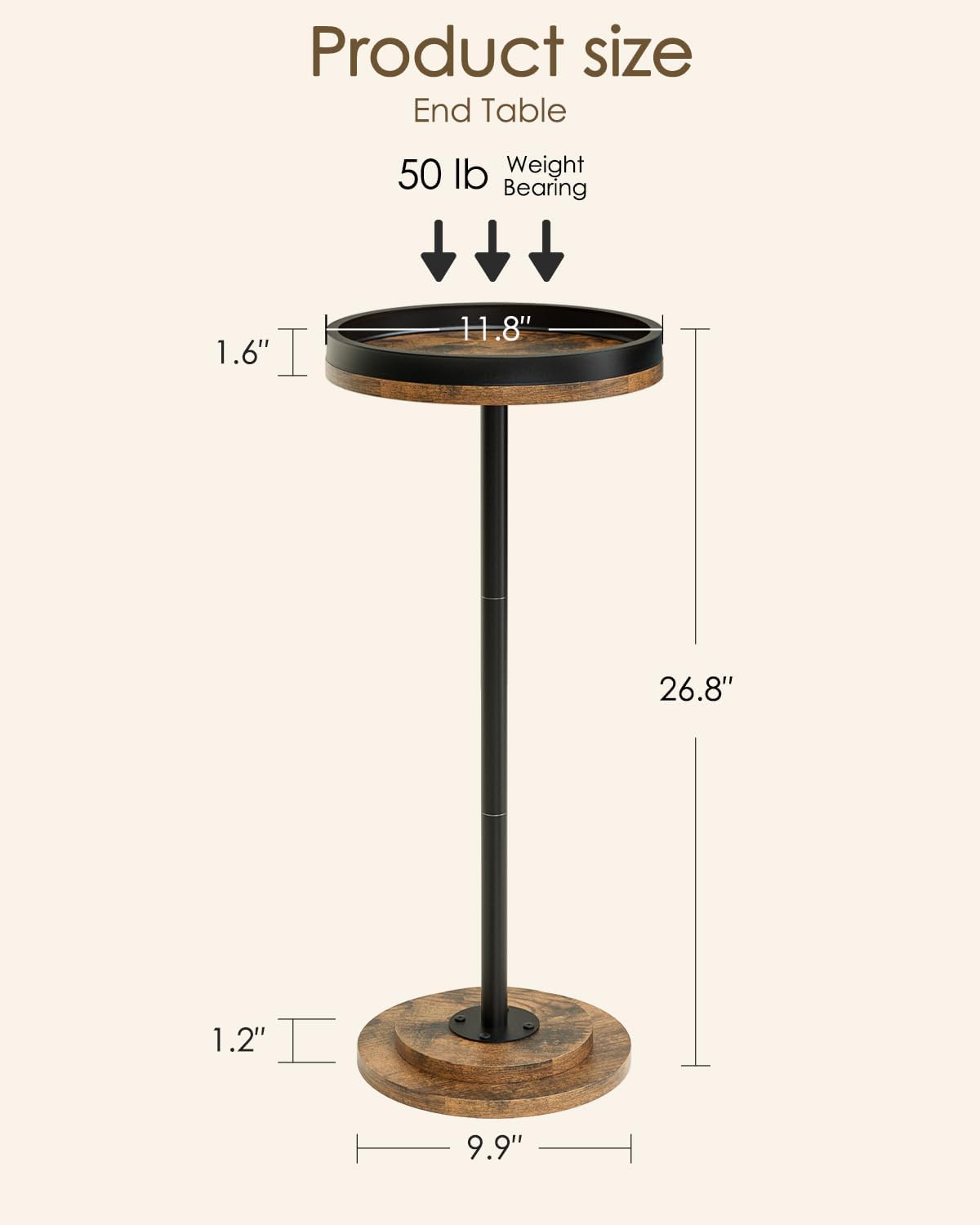 Masupu Drink Table, Round Side Table for Small Spaces, Pedestal Small End Table with Metal Base