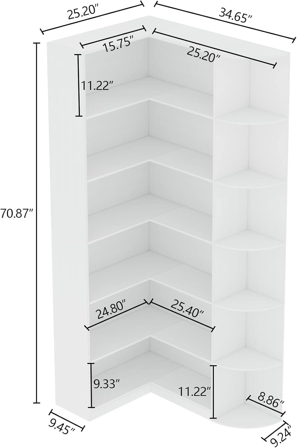Loomie White Book Shelf, 6 Tiers Shelf Large Tall Corner Etagere Bookcase with Full Baffle