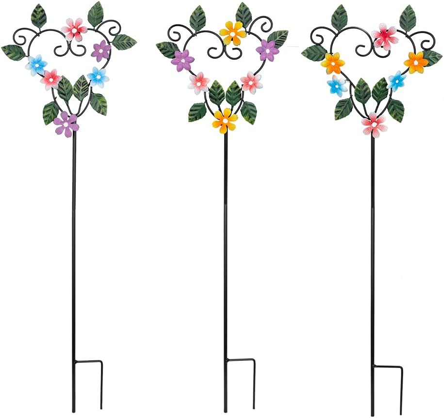 Metal Flowers Decorative Garden Stakes, 22.1 ''H Heart Shape Metal Flowers for Outside Yard Art