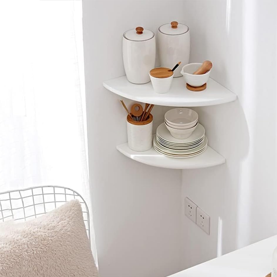 Corner Shelf, White Floating Corner Shelf, Set of 2 7inch Solid Oak Wood Corner Wall Shelves, Round