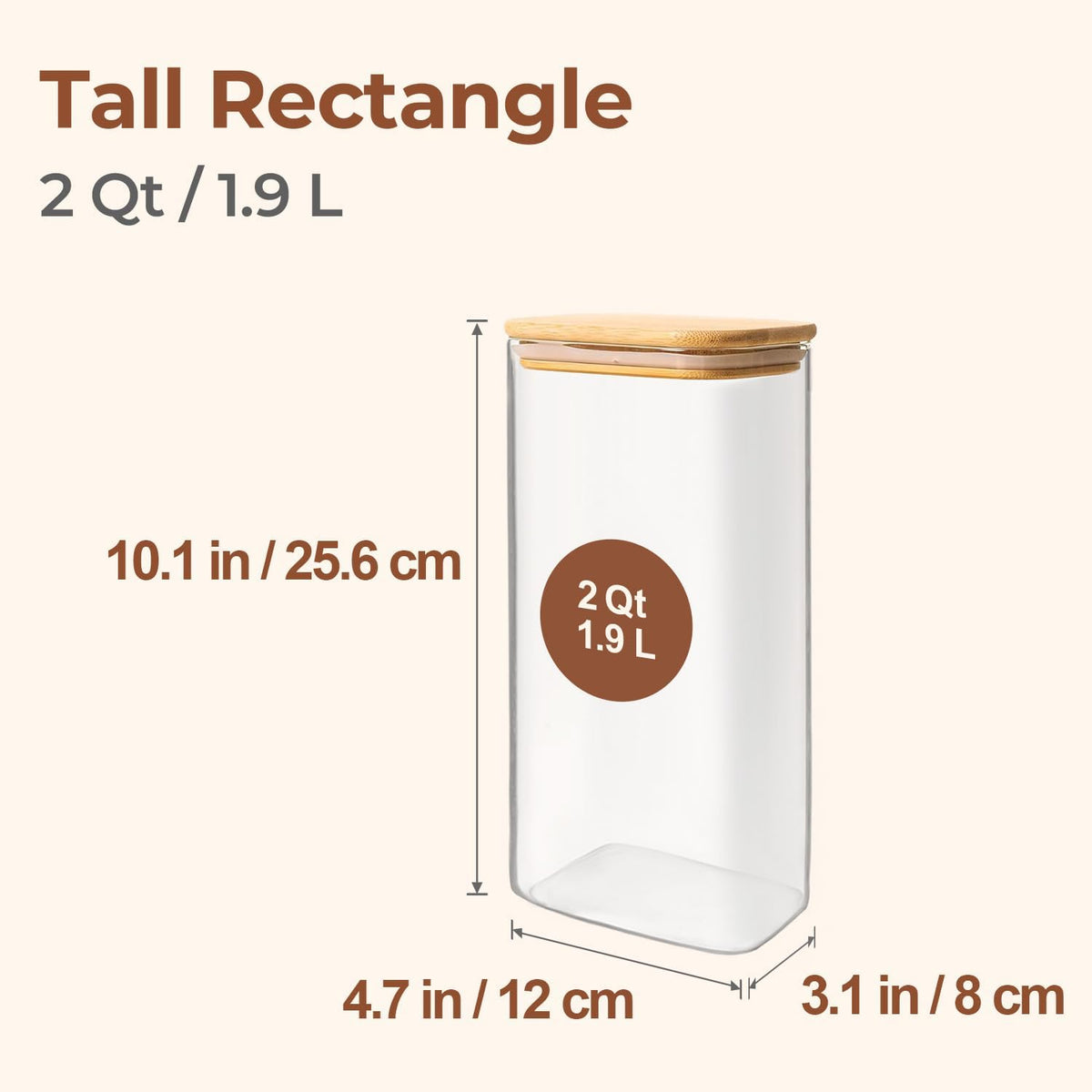 ComSaf 2 Qt Rectangle Glass Storage Containers with Lids, Glass Jars with Bamboo Lids, Clear Food