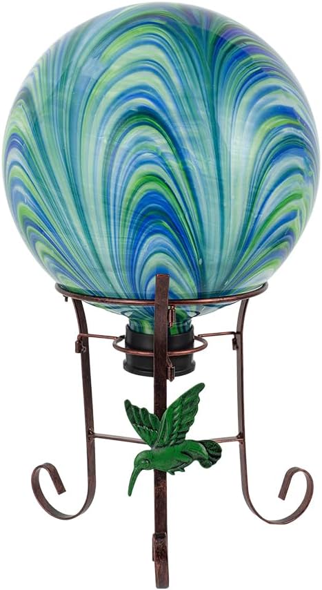 10" Diameter Gazing Ball with 8.5" Metal Stand Indoor Outdoor Glass Globe Sphere Festive Decor Yard