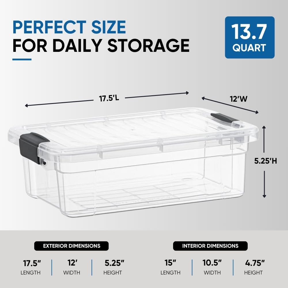 Superio Clear Storage Boxes with Lids, 13.7 Quart Plastic Container Bins for Organizing, Stackable