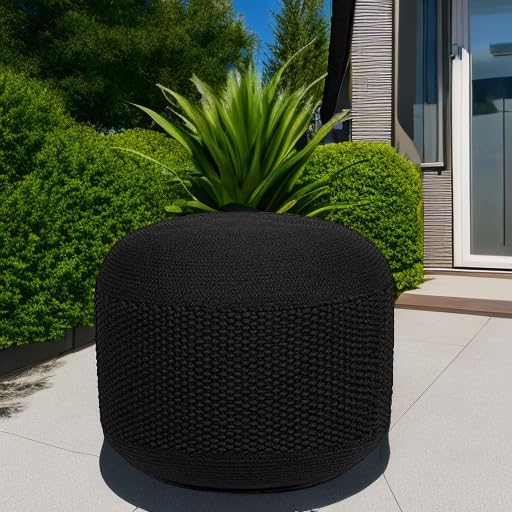 BIRDROCK HOME Outdoor Pouf Ottoman | Hand Woven Waterproof Foot Stool with Bead Bag Filling | Boho