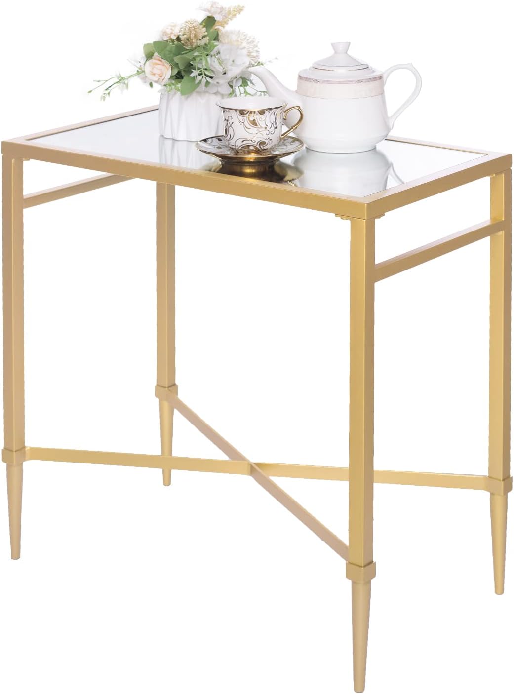 Gold End Table, Rectangle Side Table with Mirrored Top, Modern Metal End Table, Small Narrow Side