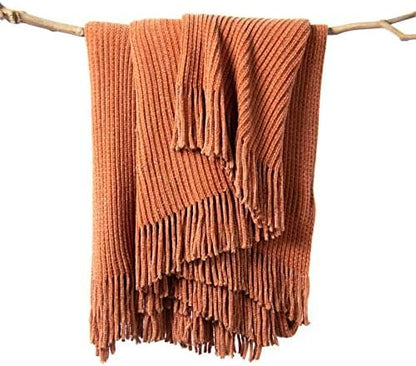 lifein Throw Blanket for Couch, Soft Boho Decor Bed Throw,Cozy Burnt Orange Chenille Knitted Small