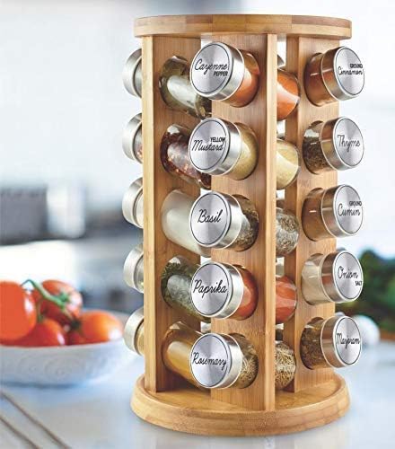 Orii 20 Jar Bamboo Spice Rack with Spices Included - Rotating Tower Organizer for Kitchen Spices