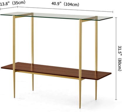 Glass Console Table for Living Room, Foyer & Entrance, 2-Tiers Mid-Century Modern Sofa Table with