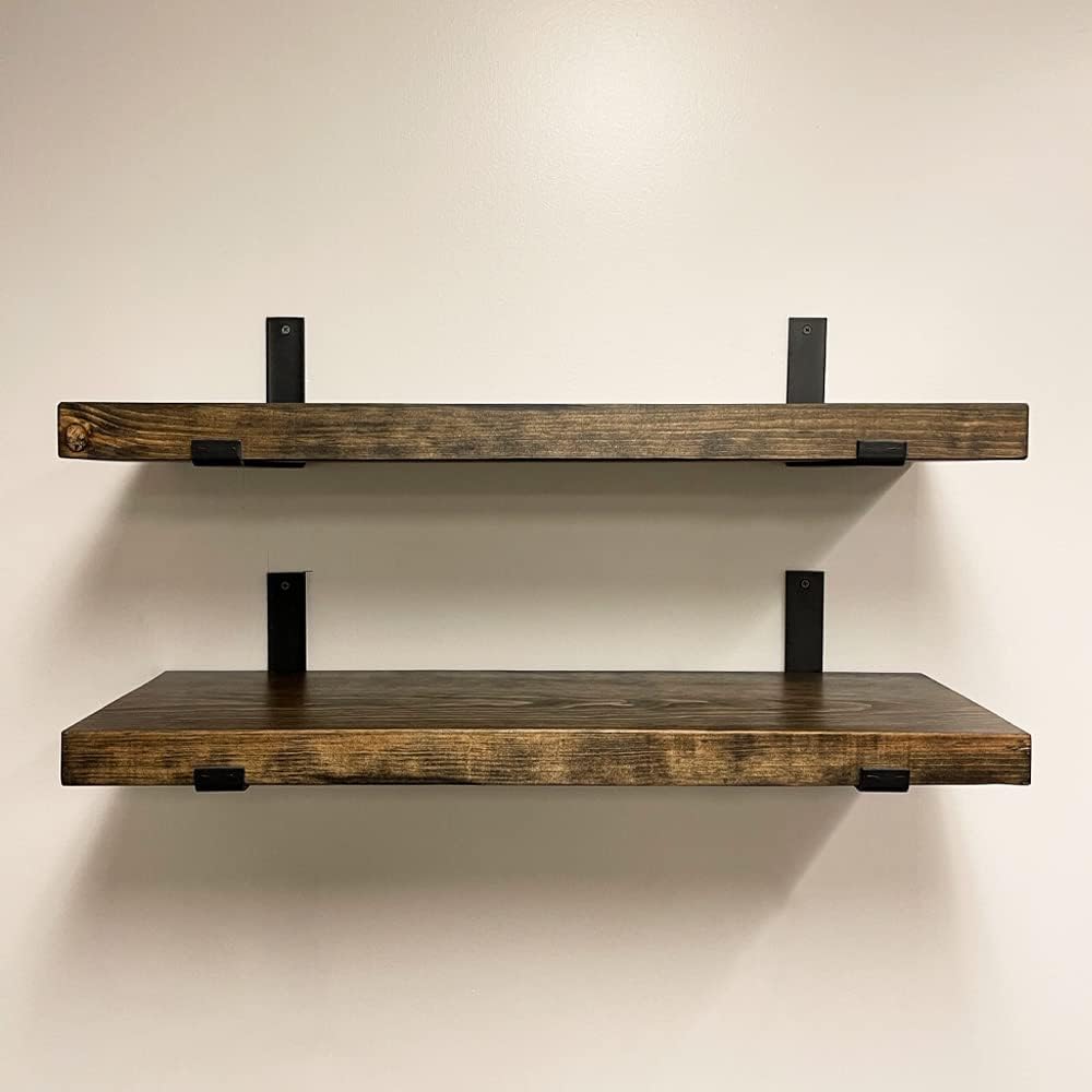 Rustic Shelves with J-Brackets Set of 2, Industrial Shelf, Kitchen Shelves, Solid Wood, Decorative