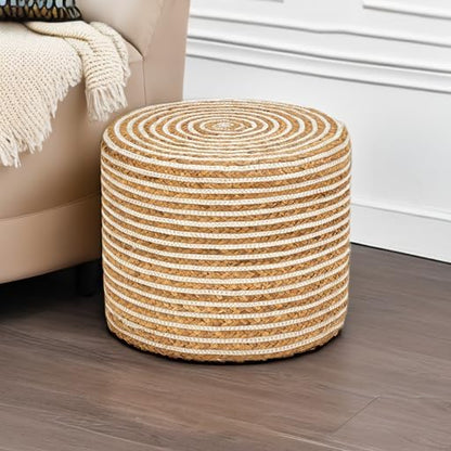 Wimarsbon 18'' Ottoman Pouf, Natural Braided Poof, Rustic Handweave Lounge Pouffe, Boho Footrest