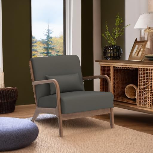 INZOY Mid Century Modern Accent Chair with Wood Frame, Upholstered Living Room Chairs with Waist
